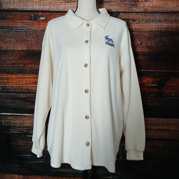 Artisans Vintage Top XL White Terry Fleece Embroidered Moose Button Up USA Made - Picture 2 of 11